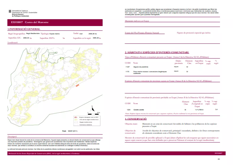 FIGURA 4: Ficha de la Zona de Especial Conservación de Mataró (ZEC Costes del Maresme)