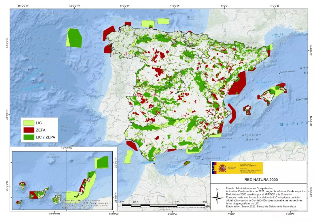FIGURA 2: Mapa de las Zonas LIC y ZEPA designadas en el estado español (MITECO, 2022)