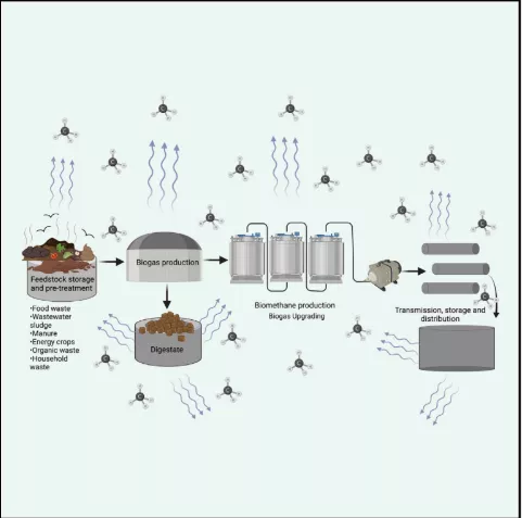 Esquema de les pèrdues de metà dins el procés de producció del biogàs (Imperial College London, juny de 2022)